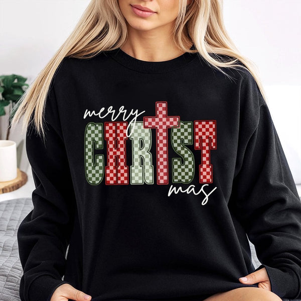 Merry Christmas Sweatshirt, Plaid Cross Sweatshirt, Faith Based Xmas Crewneck, Christian Holiday Sweatshirt, Religious Presen