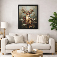 Festive Woodland Reindeer Canvas Print, Christmas Deer Canvas Wall Art, Winter Stag with Red Berries Wall Art, Holiday Cottage Decor