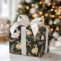 Rustic Winter Rabbit Gift Wrap, Woodland Bunny Christmas Wrapping Paper, Holiday Pine Berry Wrapping Paper, Comfy Woodland Animal Gift Wrap