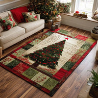Holiday Patchwork Area Rug, Vintage Christmas Tree Area Rug, Festive Winter Living Room Rug, Non Slip Washable Floor Rug, Seasonal Home Rug