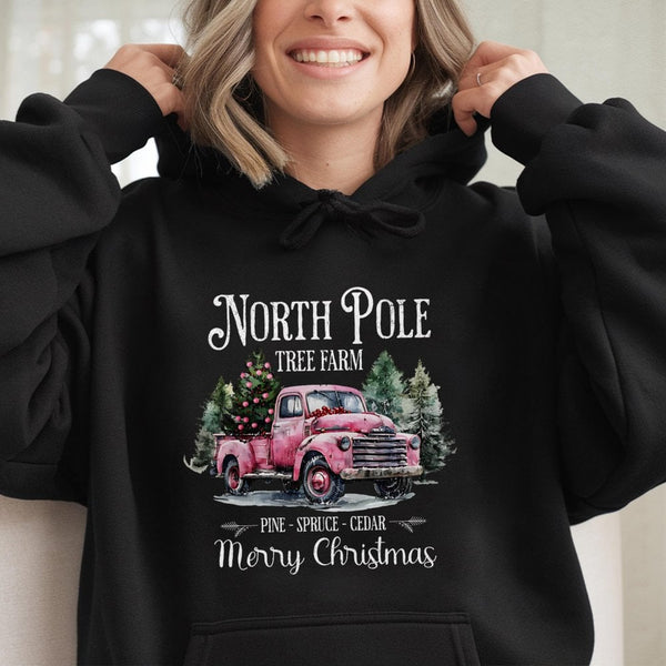 Retro Pink Christmas Truck Sweatshirt, North Pole Tree Farm Hoodie, Festive Farmhouse Holiday Pullover, Comfy Xmas Winter Swe