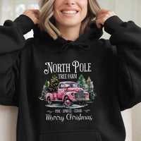 Retro Pink Christmas Truck Sweatshirt, North Pole Tree Farm Hoodie, Festive Farmhouse Holiday Pullover, Comfy Xmas Winter Sweater
