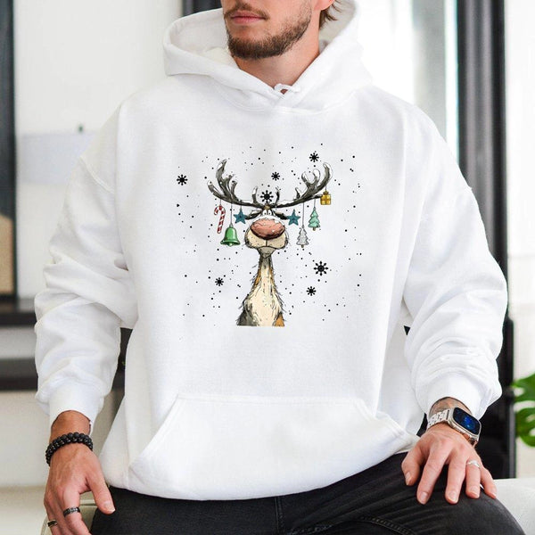 Humorous Decorated Antlers Christmas Sweatshirt, Adorable Reindeer Hoodie, Festive Holiday Animal Pullover, Comfy Winter Xmas