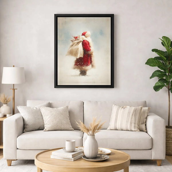 Nostalgic Christmas Painting Poster, Vintage Santa Claus Canvas Wall Art, Retro Winter Snow Canvas Print, Holiday Farmhouse H