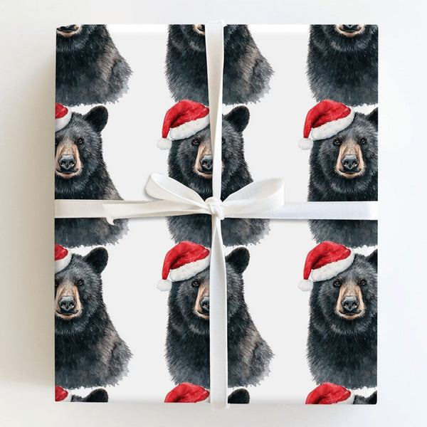 Woodland Animal Gift Wrap, Santa Hat Black Bear Christmas Wrapping Paper, Rustic Bear Holiday Wrapping Paper, Festive Winter 