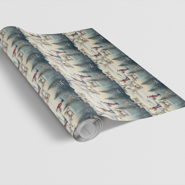 Christmas Reindeer Gift Wrap Roll, Vintage Santa Wrapping Paper, Holiday Winter Scene Present Paper, Retro Xmas Gift Wrap, Fe