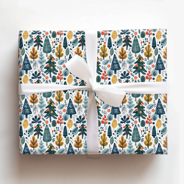 Modern Christmas Tree Gift Wrap, Folk Art Winter Forest Wrapping Paper, Colorful Holiday Present Paper, Illustrated Botanical