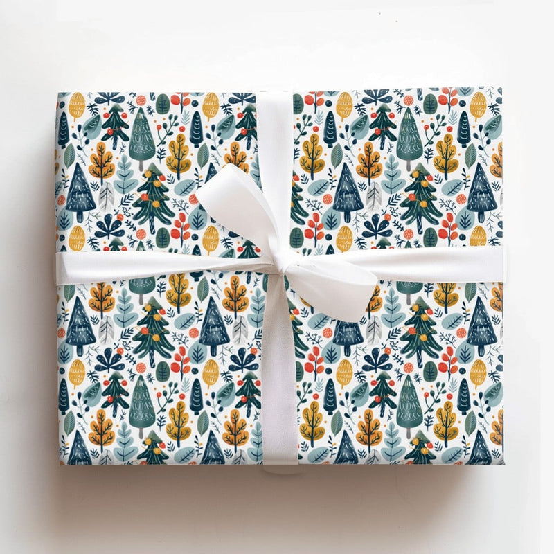 Modern Christmas Tree Gift Wrap, Folk Art Winter Forest Wrapping Paper, Colorful Holiday Present Paper, Illustrated Botanical Gift Wrap Roll