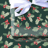 Dark Green Botanical Berry Gift Wrap, Christmas Holly Wrapping Paper, Traditional Winter Wrapping Paper, Festive Holiday Gift Wrap Roll