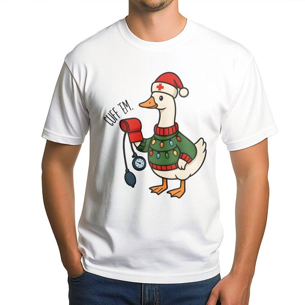 Humorous Medical Staff Holiday Shirt, Cuff Em Goose Nurse Christmas T-Shirt, Adorable ER Nurse Xmas Graphic Tee, Healthcare W