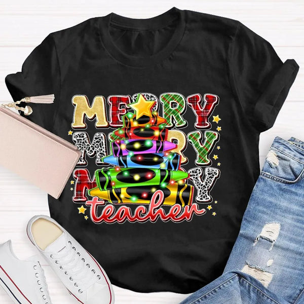 Colored Pencil Tree Holiday Graphic Tee, Christmas Teacher T-Shirt, Festive Teacher Shirt, Winter Break Elementary Educator A