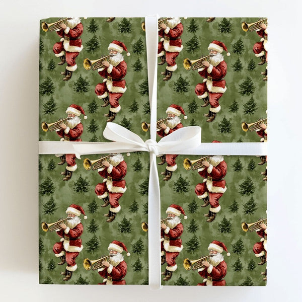 Musical Christmas Wrapping Paper Roll, Vintage Santa Trumpet Wrapping Paper, Sage Green Retro Gift Wrap, Musician Holiday Wra