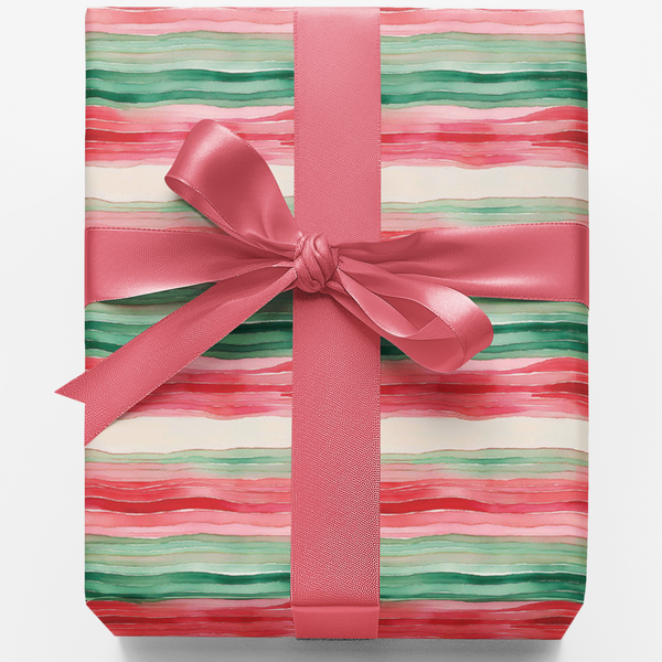 Festive Christmas Gift Wrap Roll, Watercolor Red and Green Stripes Wrapping Paper, Holiday Striped Wrapping Paper, Xmas Gift 