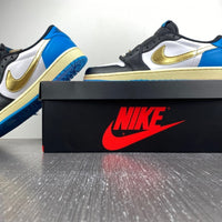 Low Top Sneakers, Blue White Black Gold Colorway, Leather Footwear, Lace Up Design, Casual Gift for Sneaker Fans
