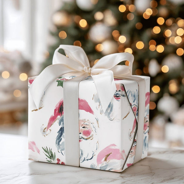 Adorable Christmas Face Gift Wrap, Watercolor Santa Holly Wrapping Paper, Festive Red Berry Holiday Wrapping Paper, Xmas Pres