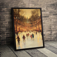 Impressionist Christmas Cityscape Canvas Print, Winter Ice Skating Rink Canvas Wall Art, Holiday Scene Poster, Digital Download Decor