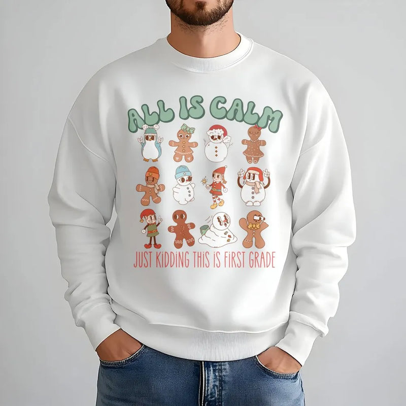 Retro Gingerbread Christmas Sweatshirt, First Grade Teacher Sweatshirt, School Staff Holiday Crewneck, 1st Grade Teacher Holiday Sweatshirt