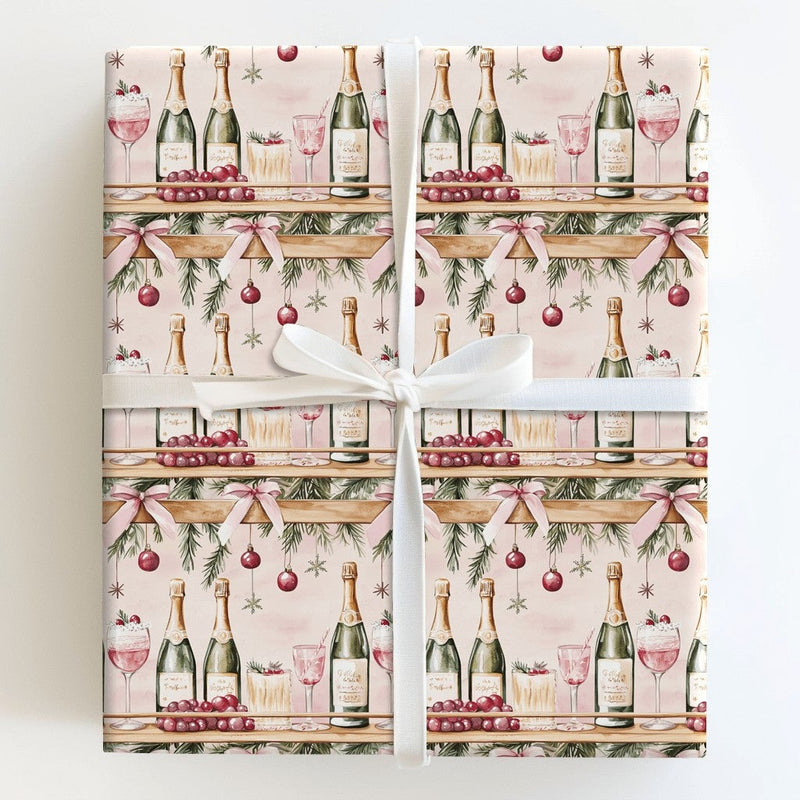 Feliz Navidad Champagne Gift Wrap, Christmas Bar Cart Wrapping Paper, Pink Holiday Cocktail Wrapping Paper, Festive Party Gift Wrap