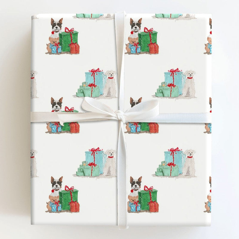 Adorable Puppy Christmas Wrapping Paper, Watercolor Dog Wrapping Paper, Pet Lover Holiday Wrapping Paper Roll, Festive Xmas Present Gift Wrap