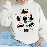 Festive Black Cats Graphic Pullover, Christmas Cat Hoodie, Adorable Holiday Kitten Sweatshirt, Winter Cat Lover Hooded Sweater Xmas Present