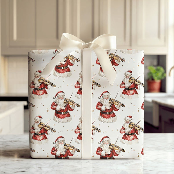 Watercolor Christmas Wrapping Paper Roll, Musical Santa Violinist Wrapping Paper, Classical Music Gift Wrap, Holiday Santa Wr