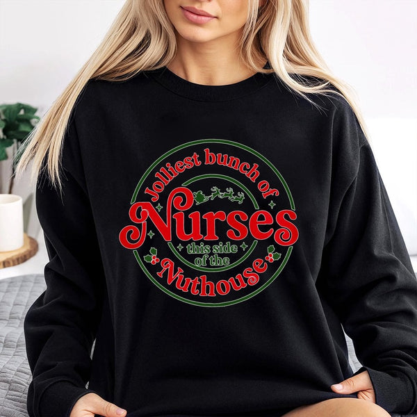 Humorous Christmas Nursing Sweater, Jolliest Bunch of Nurses Sweatshirt, RN Hospital Holiday Crewneck, Medical Worker Xmas Pu