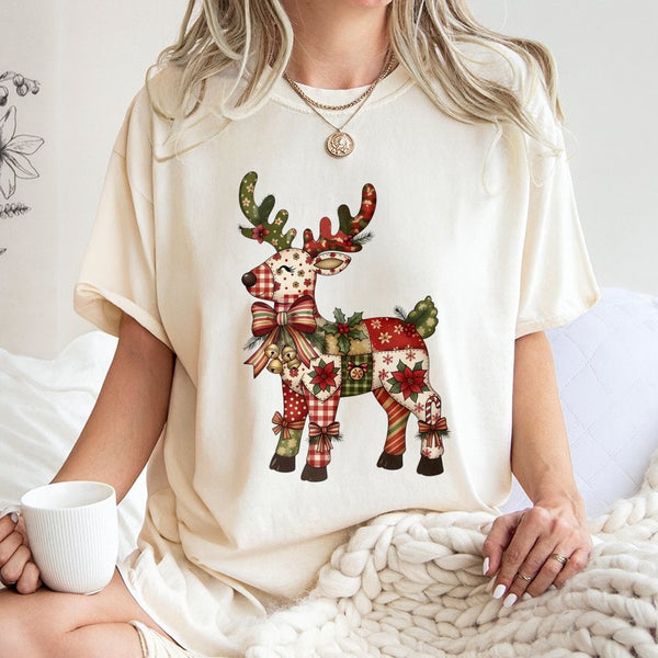 Patchwork Reindeer Shirt, Christmas Reindeer T-Shirt, Festive Holiday Graphic Tee, Adorable Reindeer T-Shirt, Xmas Family Pre