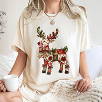 Patchwork Reindeer Shirt, Christmas Reindeer T-Shirt, Festive Holiday Graphic Tee, Adorable Reindeer T-Shirt, Xmas Family Present for Women