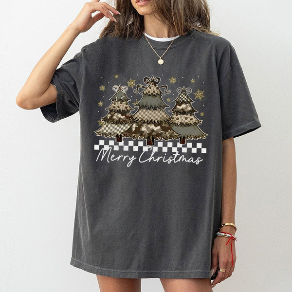 Checkerboard Christmas Shirt, Camo Christmas Tree T-Shirt, Coquette Tree Graphic Tee, Festive Christmas T-Shirt, Holiday Part