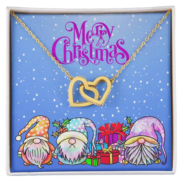 CZ Stainless Steel Heart Pendant, Christmas Gnome Interlocking Hearts Necklace, Holiday Winter Heart Jewelry, Romantic Xmas P