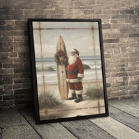 Vintage Beach Christmas Canvas, Coastal Santa Surfboard Wall Art, Surfing Santa Holiday Decor, Coastal Christmas Canvas Print, Surfer Present