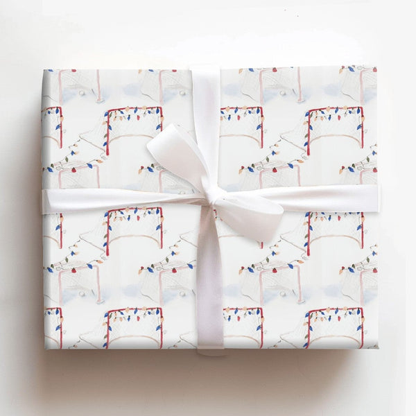 Watercolor Net Gift Wrap, Hockey Goal Christmas Wrapping Paper, Ice Hockey Lights Christmas Wrapping Paper, Sports Gift Wrap 