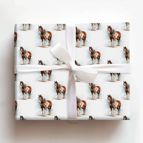 Equestrian Holiday Gift Wrap, Clydesdale Horse Christmas Wrapping Paper, Watercolor Draft Horse Wrapping Paper, Winter Farm P