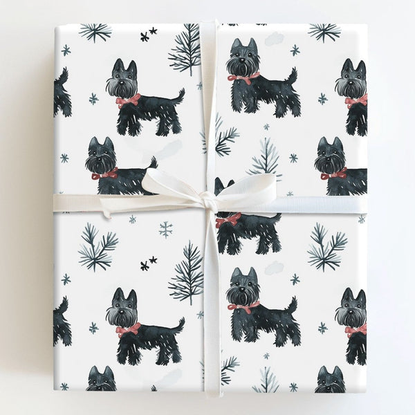 Scottie Christmas Gift Wrap, Scottish Terrier Wrapping Paper, Watercolor Dog Wrapping Paper, Black Scottie Present Wrap, Holi