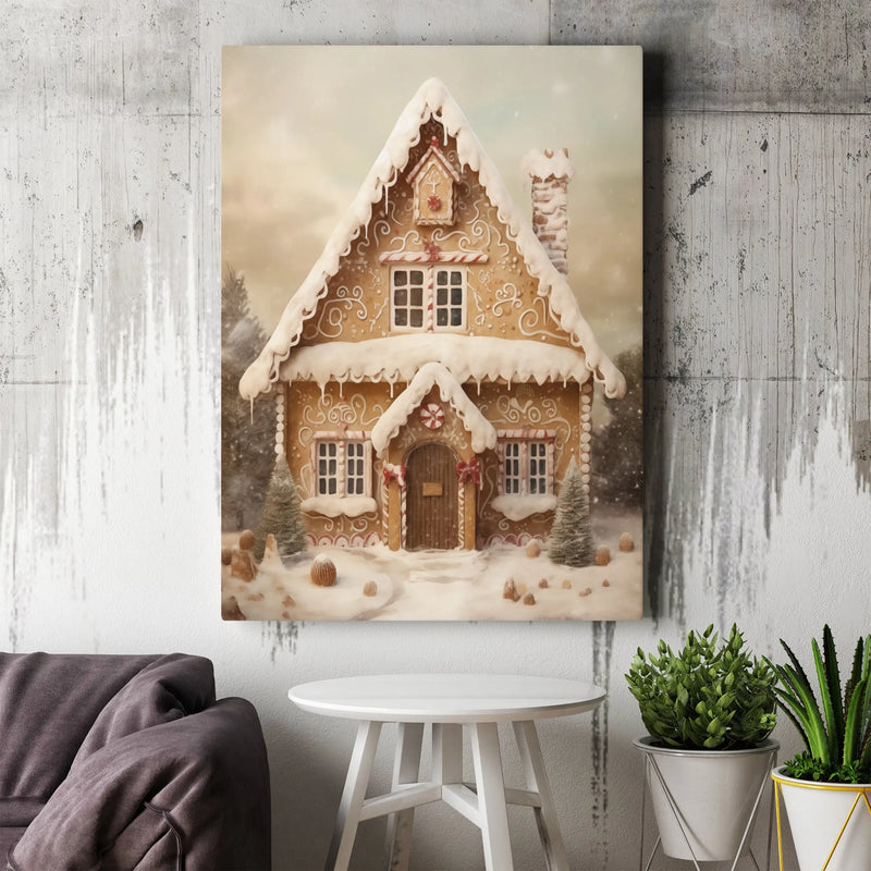 Snowy Winter Landscape Print, Gingerbread House Christmas Wall Art, Whimsical Holiday Poster, Digital Download Xmas Decor