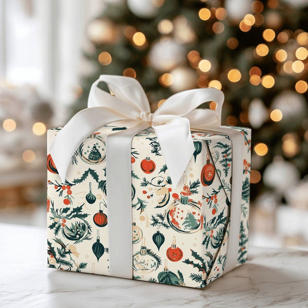 Retro Holly Snow Globe Gift Wrap, Vintage Christmas Ornament Wrapping Paper, Nostalgic Holiday Wrapping Paper, Winter Present