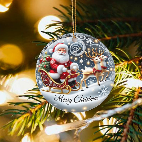 Reindeer Sleigh Holiday Ornament, Santa Claus Christmas Ornament, Ceramic Xmas Tree Ornament, Festive Keepsake, Holiday Home 