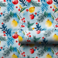Pine Branch Holly Holiday Gift Wrap, Watercolor Christmas Ornament Wrapping Paper, Botanical Xmas Wrapping Paper, Seasonal Gift Wrap Roll