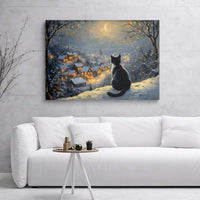 Snowy Winter Village Cat Canvas Print, Black Cat Christmas Canvas Wall Art, Comfy Holiday Night Wall Decor, Festive Cat Lover Home Decor Present