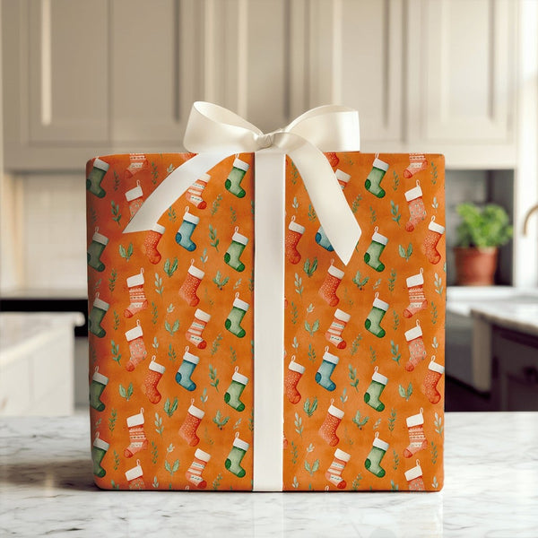 Watercolor Greenery Wrapping Paper, Christmas Stocking Wrapping Paper, Orange Holiday Gift Wrap, Festive Winter Present Wrapp