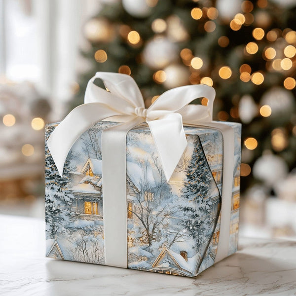 Snowy Christmas Cottage Gift Wrap, Winter Village Wrapping Paper, Comfy Holiday Town Wrapping Paper, Nostalgic Winter Present