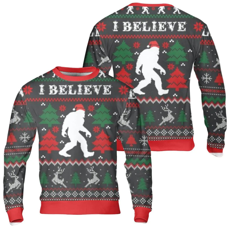 I Believe Sasquatch Holiday Sweater, Bigfoot Ugly Christmas Sweatshirt, Humorous Cryptid Xmas Sweatshirt, Winter Graphic Sweatshirt Present