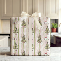 Watercolor Pink Sage Gift Wrap, Striped Christmas Tree Wrapping Paper, Holiday Presents Present Paper, Festive Xmas Wrapping Paper Roll