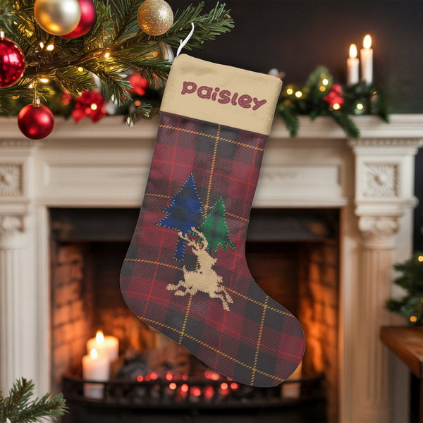 Red Plaid Pine Tree Holiday Stocking, Personalized Reindeer Christmas Stocking, Rustic Winter Fireplace Stocking, Family Mant