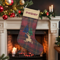 Red Plaid Pine Tree Holiday Stocking, Personalized Reindeer Christmas Stocking, Rustic Winter Fireplace Stocking, Family Mantle Decor Present