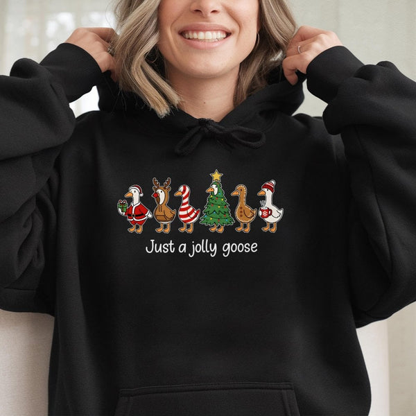 Adorable Holiday Geese Hoodie, Jolly Goose Christmas Hoodie, Humorous Xmas Animal Hooded Sweatshirt, Festive Goose Pullover H