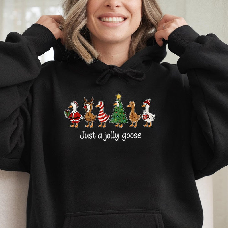 Adorable Holiday Geese Hoodie, Jolly Goose Christmas Hoodie, Humorous Xmas Animal Hooded Sweatshirt, Festive Goose Pullover Hoodie, Winter Present