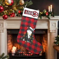 Buffalo Plaid Cat Christmas Stocking, Personalized Tuxedo Cat Christmas Stocking, Santa Hat Pet Holiday Stocking, Custom Cat Lover Xmas Present