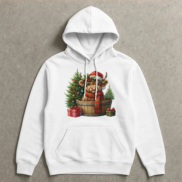 Baby Cow in Barrel Sweatshirt, Christmas Highland Cow Hoodie, Festive Farm Animal Pullover, Holiday Cow Hooded Sweatshirt, Xm