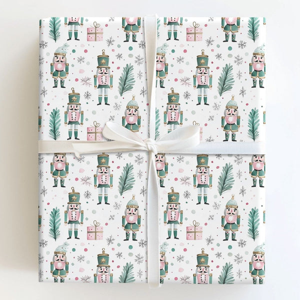 Pink and Teal Christmas Gift Wrap, Watercolor Nutcracker Wrapping Paper, Whimsical Holiday Soldier Wrapping Paper, Winter Wra